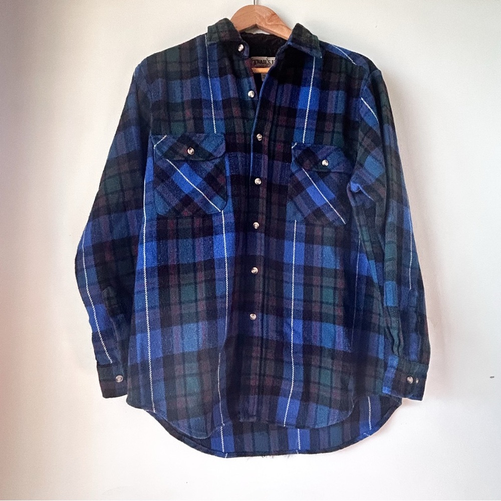 Trails End Vintage Mens Blue Green Red Plaid Flannel Button Up Shacket Medium